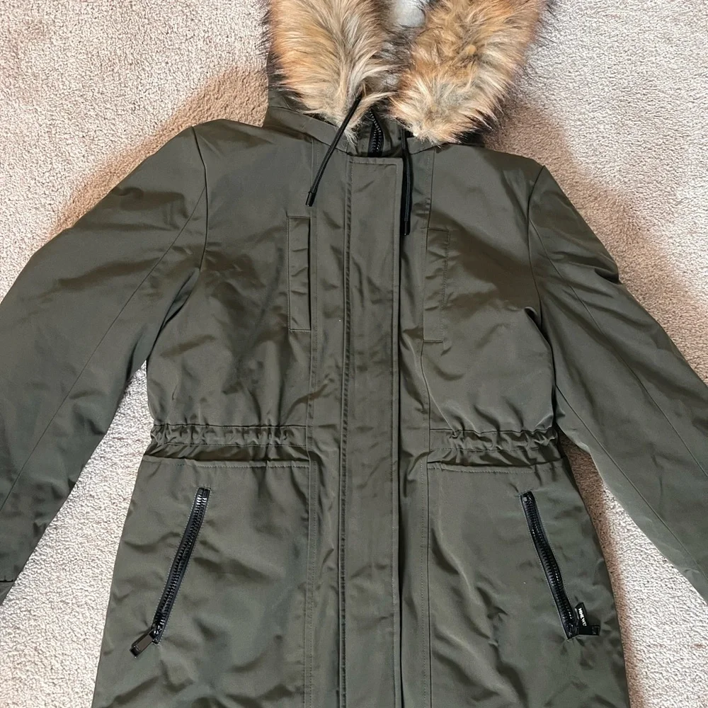 Nine West Fur Trim Hooded Parka Coat Green - Picture 3 of 12